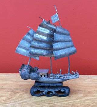 Chinese White Metal (silver) Model Of A Fighting Junk,  On Wooden Base Circa 1900