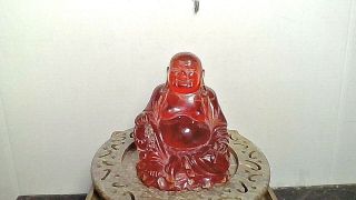 Antique Red Amber Happy Buddha On Stone Base 5in Vg Cond.  China