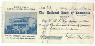 1912 Australia The National Bank Of Tasmania Heritage Bank Cheque No.  B 516