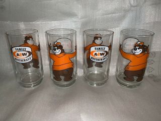 Set Of 4 Vintage 1970s A & W Soda Family Restaurant Bear Orange Root Beer Glass