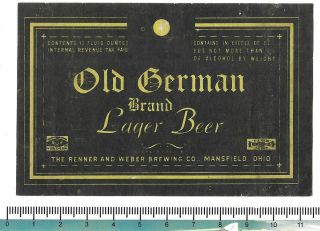 Usa Irtp Ohio O.  Mansfield The Renner And Weber Old German Brand Lager Beer
