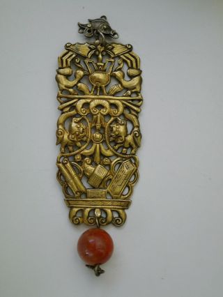 Large Antique Chinese Qing Dynasty Gold Wash Or Silver Gilt Pendant W/ Bead
