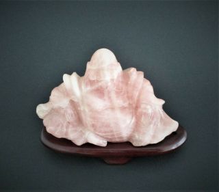 Large Chinese Rose Quartz Statue Figurine Carving Of Buddha On Wood Stand