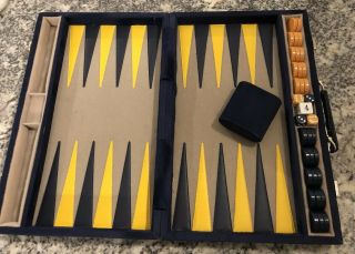 Vintage Backgammon Game Navy Blue And Gold With Butterscotch & Navy Blue Chips