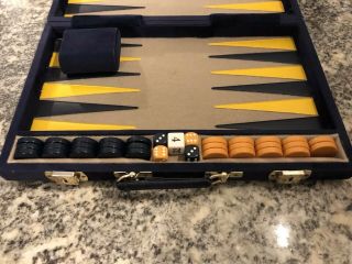 Vintage Backgammon Game Navy Blue and Gold With Butterscotch & Navy Blue Chips 5