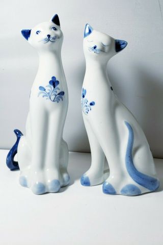 2 Blue And White Glazed Porcelain Cat Figurines Floral Cats Thin Tall Sitting 6 "