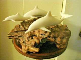 John Perry Vintage 3 Dolphin Family Sculpture Burl Wood Base Signed Tag