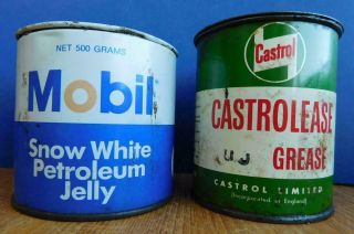 Vintage Mobil Snow White Petroleum Jelly & Castrol Grease Motor Oil Cans