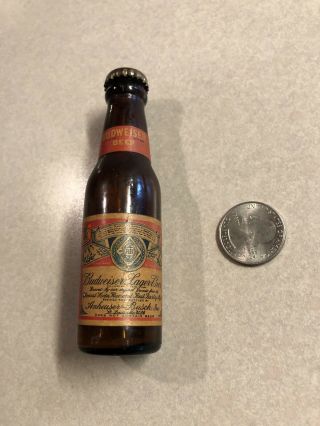 Vintage Budweiser Beer 4 3/8” Miniature Glass Bottle With Metal Cap