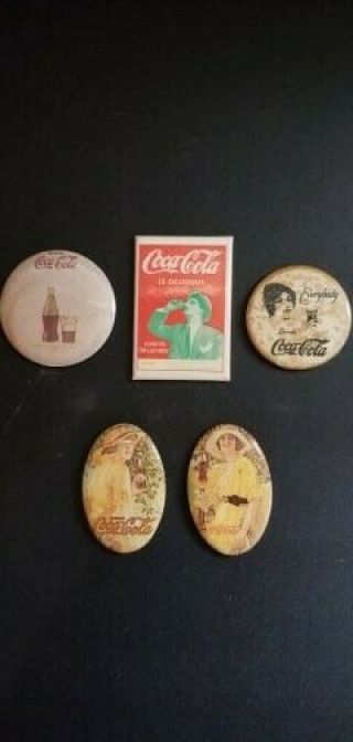 2 Vintage 1973 Coca Cola Pocket Mirrors (bottom),  3 Fantasy Mirrors (top)