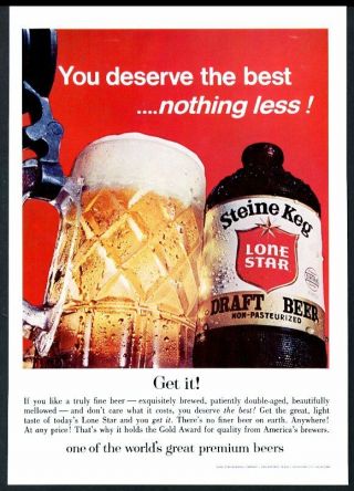 1968 Lone Star Beer Steine Keg Draft Beer Bottle Photo Vintage Print Ad