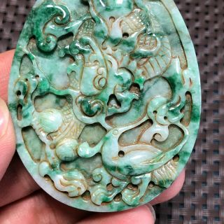 A GRADE Old Antique Chinese Handwork Natural Green Jadeite Jade Dragon Pendant 3