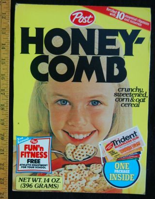 [ 1980s Post Honey - Comb Vintage Cereal Box - Trident Gum / Fun & Fitness ]