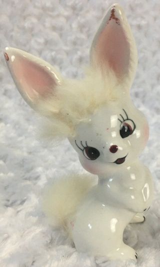 Vintage 5 " White Glazed Porcelain Ceramic Bunny Rabbit Figurine Soft Fuzzy Fur