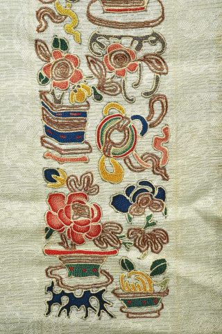 19C Chinese Gauze Silk Embroidery Forbidden Stitch Cuff Sleeve Band Panel Flower 2