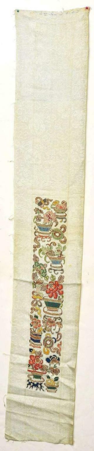 19C Chinese Gauze Silk Embroidery Forbidden Stitch Cuff Sleeve Band Panel Flower 6
