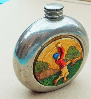 6 Oz.  Round Hip Flask With Golfer On Front.  Marked Wm.  Hiddop 1883 English Pewter