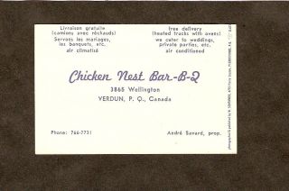 Vint 1960 ' s Photo Business Card CHICKEN NEST BAR - B - Q BARBECUE BBQ Verdun Canada 2