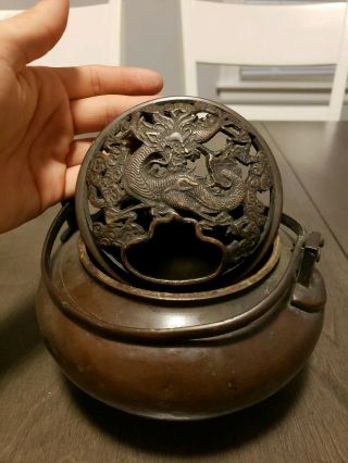 Asian Chinese Or Japanese Bronze Dragon Censer Incense Burner Reticulated
