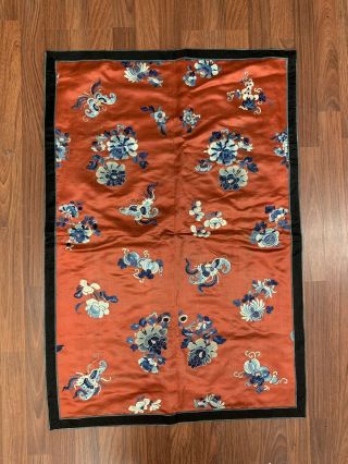 Antique Chinese Red Silk Embroidered Asian Textile W Blue Embroidered Butterfly