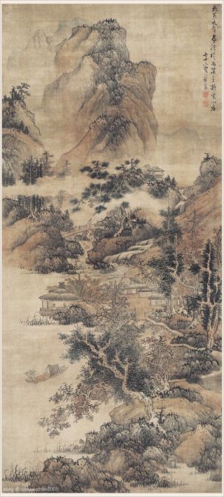 Chinese Antique Painting On Silk Sansui Landscape By Qiu Ying In Ming Dynasty