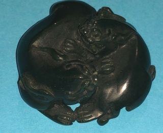 Fine Chinese Qing Dynasty Hand Carved Black Jade Mythical Animals Pendant Amulet