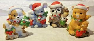 Set Of 4 Christmas Homco Animal Figurine 5180 Porcelain Dog Mouse Cat Racoon