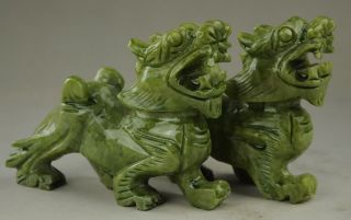 Chinese Natural green Jade Dragon Pixiu Statue Pair AA2 2