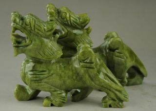 Chinese Natural green Jade Dragon Pixiu Statue Pair AA2 4