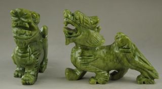 Chinese Natural green Jade Dragon Pixiu Statue Pair AA2 5