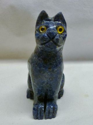 Cute Hand Carved Blue Lapis Lazuli Gem Stone Sitting Cat Figurine.