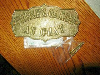 Cat - French Brass Plaque - Prenez Garde Au Chat - Beware Of Cat