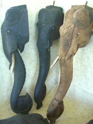 Antique Reclaimed Indian 5 Wooden Legs For Side Table With Hand Carved Elephants