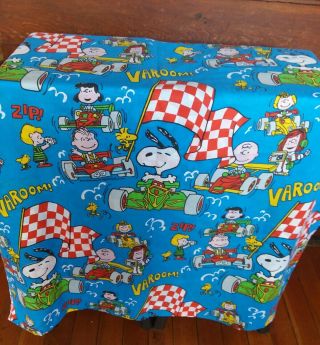 Vintage Peanuts Gang Blue Flat Full Bed Sheet Racing Cars Snoopy Charlie Brown