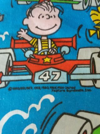 Vintage Peanuts Gang Blue Flat Full Bed Sheet Racing Cars Snoopy Charlie Brown 2