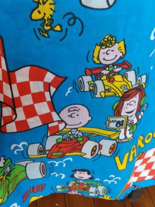 Vintage Peanuts Gang Blue Flat Full Bed Sheet Racing Cars Snoopy Charlie Brown 4
