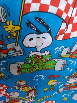 Vintage Peanuts Gang Blue Flat Full Bed Sheet Racing Cars Snoopy Charlie Brown 5