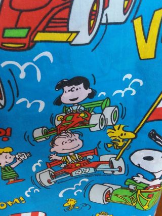 Vintage Peanuts Gang Blue Flat Full Bed Sheet Racing Cars Snoopy Charlie Brown 6