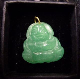 Vintage Carved Jade Smiling Seated Buddha Pendant Necklace 9ct Gold Luck Lucky