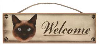 Siamese Cat " Welcome " Rustic Wall Sign Plaque Gifts Home Kittens Pets Cats Paws
