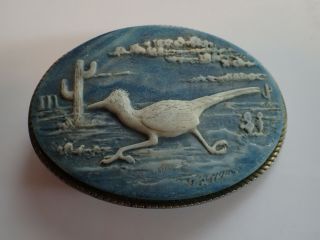 Vintage 1970s Incolay Stone Roadrunner Belt Buckle With Gilt Trim Blue - 4charity