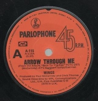 The Beatles Wings Rare 1979 Aust Only 7 " Oop Rock Single " Arrrow Through Me "