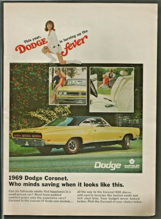 1969 Dodge Coronet Chrysler Mopar Pretty Girl Vintage Print Ad