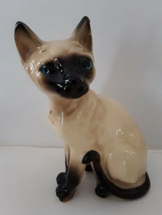 Vintage 5 " Porcelain Sparkling Blue Eyed Siamese Sitting Cat Figurine Japan