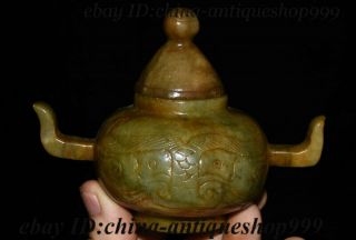 Old China Jade Stone Carved Fengshui Beast Face Incense Burner Censer Pot Statue