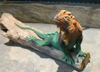 Hand Carved Resin Green Lizard On Drift Wood Log,  15 " Long,  Tropical
