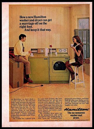 1969 Hamilton Avocado Washer Dryer Married Couple Laundry Vintage Print Ad 1960s