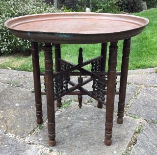 Antique Anglo Indian Carved Fret Folding Side Table Large Hammered Copper Top