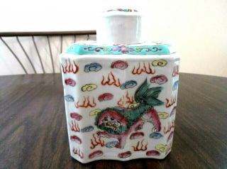 Antique Chinese Famille Rose Foo Dog Lion Dragon Tea Caddy