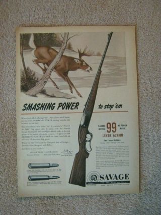 Vintage 1951 Savage Model 99 Rifle Whitetail Buck Deer Hunting Print Ad